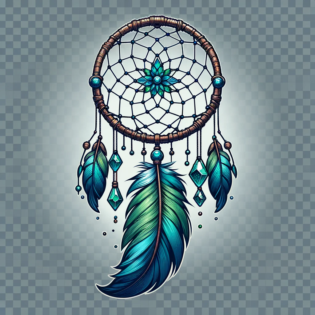A dreamcatcher designed as a logo featuring a net with blue and green crystals intricately woven into it The dreamcatcher has a single large feather