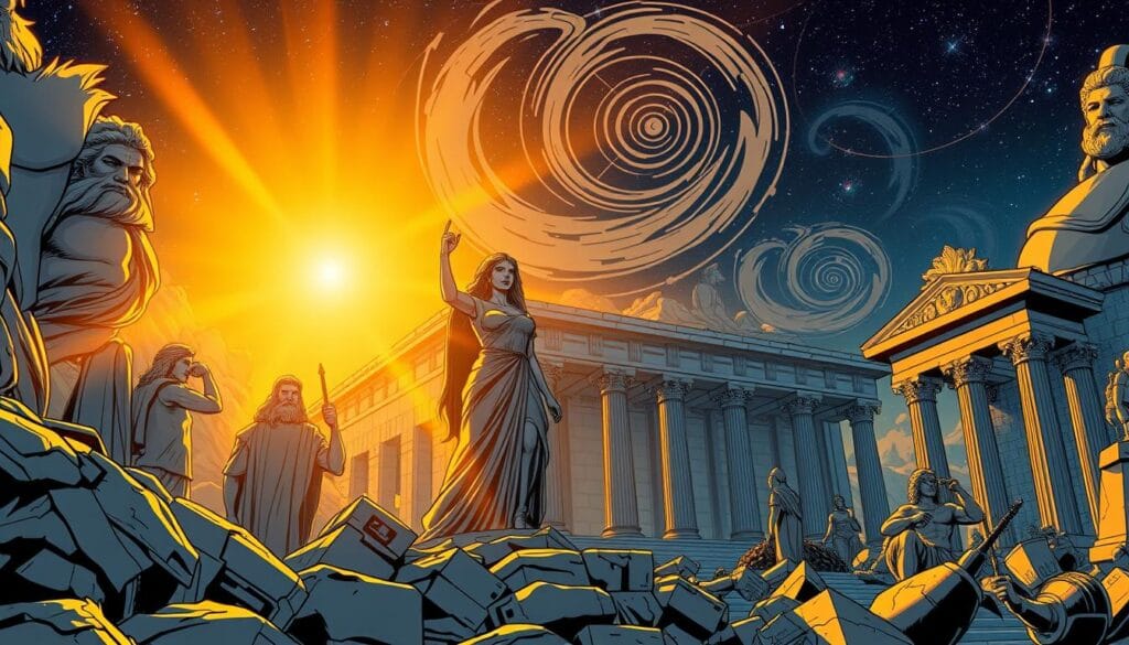 A Greek pantheon landscape bathed in warm, golden light. In the foreground, the towering figures of the gods - Zeus, Hera, Poseidon - stand resolute, their expressions conveying the weight of their powers over fate and destiny. In the middle ground, swirling celestial motifs and intricate architectural elements evoke the mysticism of the ancient Greek world. The background depicts a starry night sky, hinting at the cosmic forces that guide the lives of mortals. The scene exudes a sense of grandeur, solemnity, and the inescapable nature of destiny as dictated by the deities of the Greek pantheon.