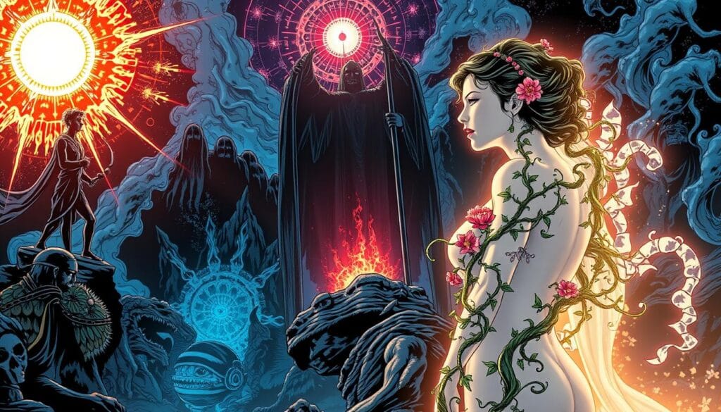A captivating scene of the goddess Persephone's mythic transformation. In the foreground, Persephone stands in awe, her delicate features shifting, as she is enveloped in an ethereal glow. Intricate vines and flowers crawl across her skin, a visual metaphor of her metamorphosis into the Queen of the Underworld. In the middle ground, the Underworld's dark, cavernous landscape looms, its depths shrouded in an eerie, bluish haze. Towering, shadowy figures of ancient deities observe the spectacle with reverence. The background is a kaleidoscope of swirling cosmic energies, hinting at the profound, mystical forces at play. Dramatic, high-contrast lighting casts dramatic shadows, imbuing the scene with a sense of grandeur and the sublime.