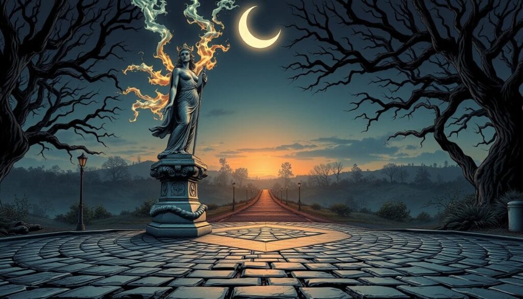 A crossroads at dusk, imbued with the elemental powers of Hecate, the Greek goddess of magic. In the foreground, a tripartite statue of Hecate stands tall, her three heads representing the phases of the moon and her ability to traverse the realms of earth, sea, and sky. Mystical energy crackles around her, manifesting as swirling wisps of fog and flickering flames. The middle ground is a crossroads where ancient paved paths converge, their stones worn smooth by the passage of time. The background depicts a moody, atmospheric landscape - a tangled forest of gnarled trees silhouetted against a deep indigo sky, with a pale crescent moon peeking through the branches. An air of mystery and ancient power permeates the scene.