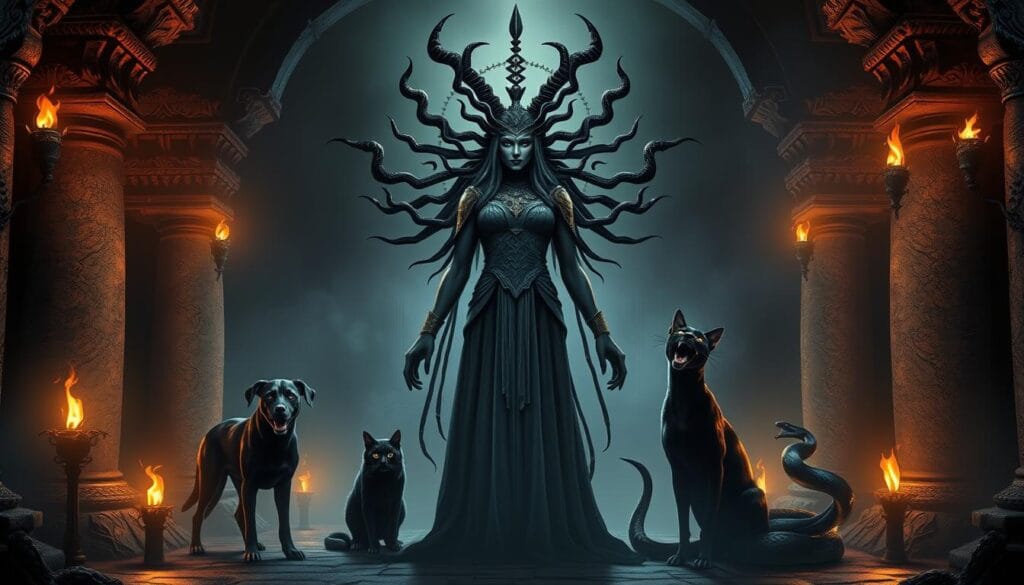 A dimly lit temple interior, illuminated by flickering torchlight. In the center, the three-faced goddess Hecate stands tall, her penetrating gaze casting an otherworldly presence. Flanking her are her sacred animals - a black dog, a black cat, and a black snake, each radiating an aura of mysticism. The background is shrouded in shadows, hinting at the goddess's connection to the unseen realms. The overall atmosphere is one of ancient power, occult symbolism, and the supernatural.