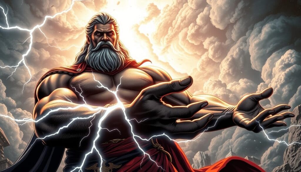 A dramatic, high-contrast scene of ancient Greek mythology. In the foreground, lightning bolts crackle and twist through the air, their jagged arcs of electric energy radiating a sense of divine power and wrath. The bolts originate from the outstretched hand of a towering, muscular deity - Zeus, king of the gods, his face set in a stern expression of righteous fury. Behind him, the clouds part to reveal a majestic, storm-wracked sky, the heavens themselves roiling with the god's thunderous might. The lighting is dramatic, casting dramatic shadows and highlights that lend an epic, cinematic quality to the composition. The overall mood is one of awe-inspiring, supernatural power - the terrible, unstoppable force of the gods unleashed upon the mortal world.