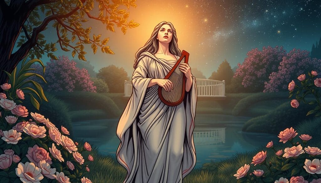 A graceful figure of Erato, the Muse of love poetry, stands in a serene garden setting. Her flowing robes and lyre evoke a sense of divine inspiration. Soft, warm lighting illuminates her contemplative expression as she gazes upwards, channeling the muse's creative energy. In the background, a romantic scene unfolds with blooming flowers, a tranquil pond, and a starry night sky. The composition conveys a sense of harmony, passion, and the profound connection between the Muse and the art of lyrical poetry.