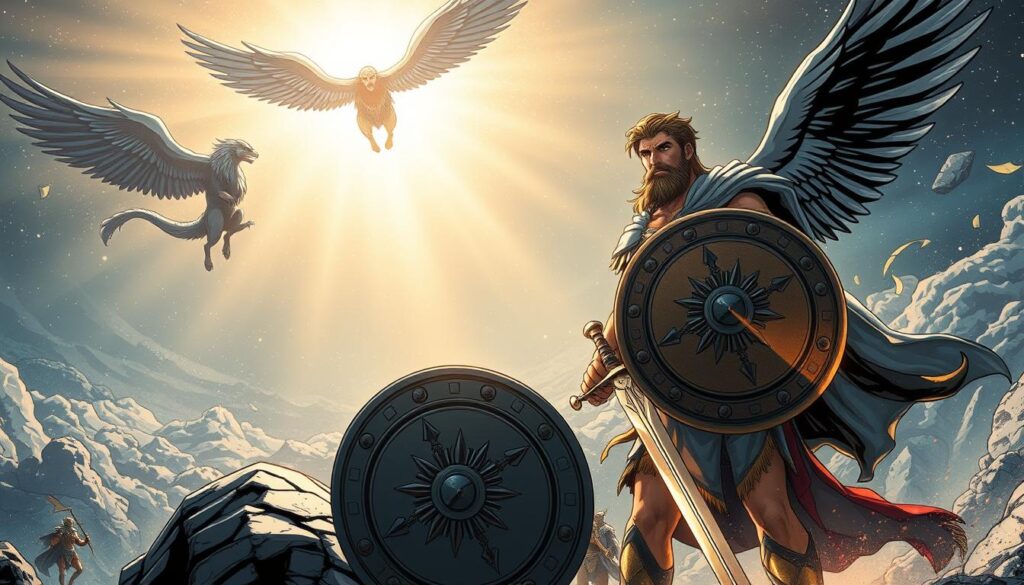 A grand, celestial scene of divine assistance in the heroic tale of Perseus. In the foreground, Perseus stands resolute, clutching the gleaming, otherworldly sword and shield gifted by the gods. Mythical, winged creatures soar in the middle ground, casting an ethereal glow upon the hero. The background depicts a sweeping, starlit sky, hinting at the cosmic forces at work. Dramatic lighting casts dramatic shadows, imbuing the scene with a sense of mystery and power. Masterfully composed with a cinematic, sweeping perspective to capture the grandeur of this legendary moment.