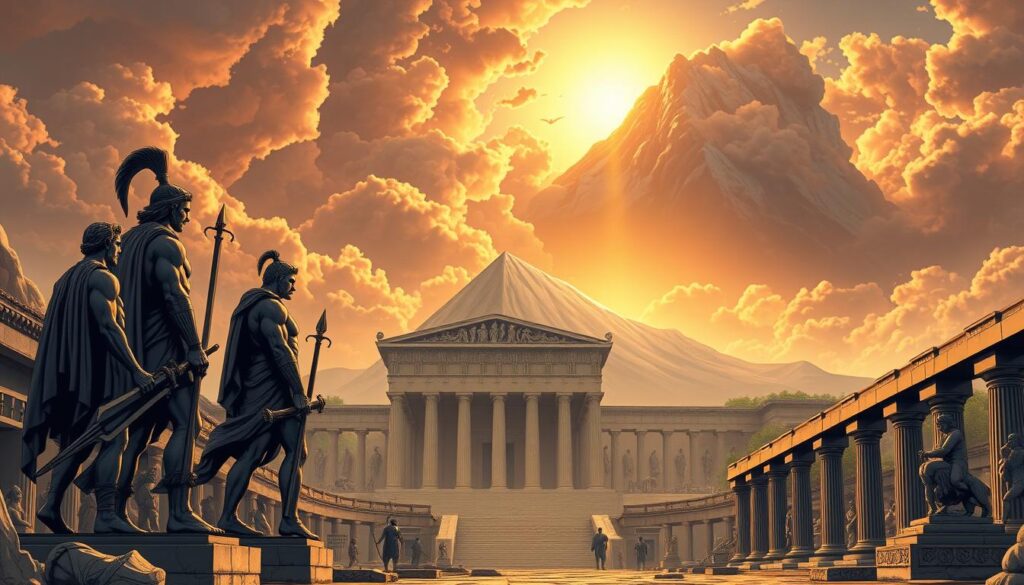 A grand, epic scene of ancient Greek mythological heroes against a dramatic, awe-inspiring backdrop. In the foreground, imposing statues of legendary figures like Hercules, Achilles, and Odysseus stand tall, their muscular forms cast in dramatic shadows. The middle ground is filled with a sprawling, ornate temple complex, its columns and pediments adorned with intricate carvings depicting mythical beasts and battles. In the distance, a majestic, cloud-capped mountain range rises, its peaks touched by the warm glow of the setting sun, casting a golden hue over the entire scene. An atmosphere of grandeur, power, and timeless wonder pervades the image, capturing the essence of Greece's mythological heritage.