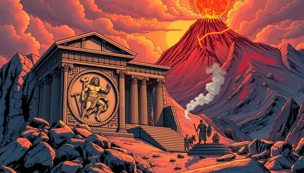 A grand temple to Hephaestus stands upon a rugged, fire-scarred mountainside, its columns and pediments glowing in the warm light of the forge-like sun. In the foreground, an elaborate relief carving depicts the god himself, surrounded by his sacred symbols - blacksmith's tools, the mythical creature Vulcan, and tongues of flickering flame. The temple's worshippers make offerings at a massive stone altar, the smoke of their prayers rising up towards the heavens. In the distance, a volcanic peak looms, its molten depths a testament to the raw power of the god of fire and craftsmanship.
