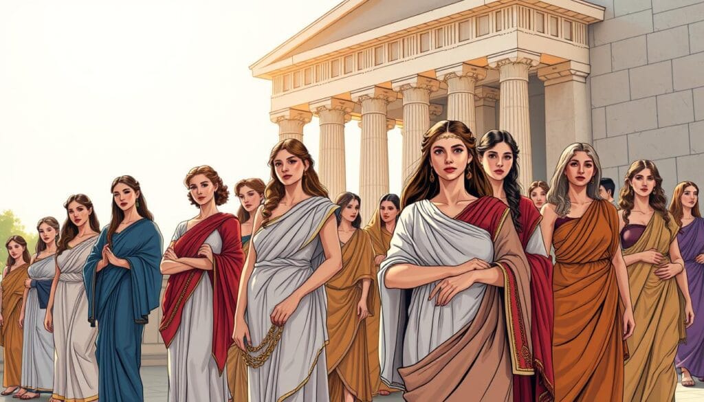 A group of female figures in traditional ancient Greek attire, standing in a sunlit, open-air setting with a backdrop of classical Greek architecture. The women display a range of poses and expressions, conveying the diverse roles and statuses of women within Greek society, from noble ladies to working-class citizens. Soft, warm lighting illuminates their faces and accentuates the intricate folds and patterns of their garments. The composition balances the foreground figures with the detailed architectural elements in the middle and background, creating a harmonious, visually captivating scene that evokes the rich cultural tapestry of ancient Greece.