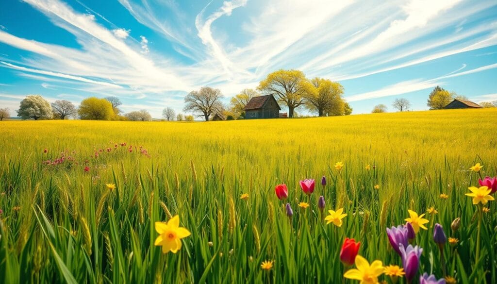A lush, sun-dappled meadow awash in vibrant spring hues. In the foreground, a thriving crop of wheat, barley, and other grains sway gently in a light breeze. Interspersed among the crops, clusters of wildflowers - daffodils, tulips, and crocuses - add splashes of yellow, red, and purple. In the middle ground, a small, picturesque farmhouse with a thatched roof nestles amidst a grove of fruit trees in full blossom. Overhead, wispy clouds drift across a brilliant azure sky, casting soft shadows upon the scene. The overall impression is one of renewal, growth, and the cyclical nature of life - a fitting representation of the spring equinox and the goddess Athena's association with wisdom, fertility, and the natural world.