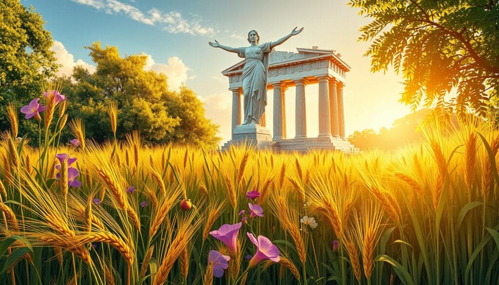 A lush, verdant landscape bathed in warm, golden sunlight. In the foreground, a bountiful harvest of wheat, barley, and other grains, their golden stalks swaying gently in a soft breeze. Intertwined among the crops, vibrant flowers bloom in shades of purple, yellow, and white, symbolizing the abundance and fertility of the earth. In the middle ground, a majestic temple stands, its marble columns and pediments adorned with intricate carvings of sheaves of wheat, pomegranates, and other harvest symbols. Towering over the scene, a larger-than-life statue of the Greek goddess Demeter, the embodiment of the harvest and the changing seasons, stands proudly, her arms outstretched in a gesture of blessing and abundance. The overall atmosphere is one of reverence, gratitude, and a deep connection to the rhythms and cycles of the natural world.