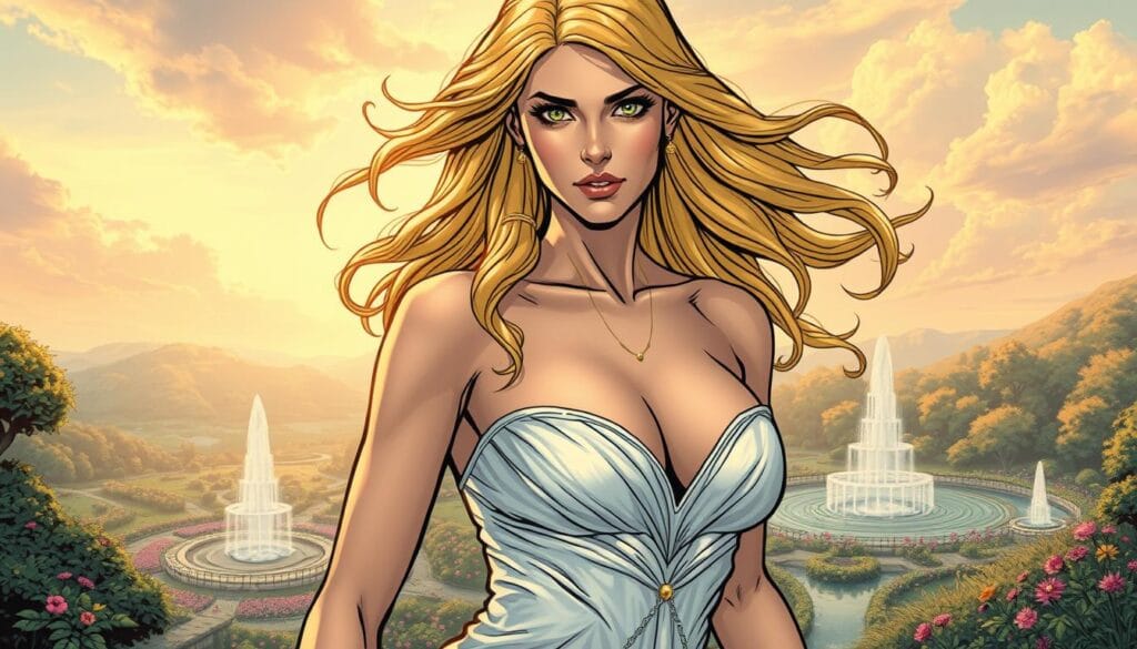 A magnificent goddess Aphrodite stands tall, her divine beauty radiant and captivating. In the foreground, her flowing golden hair cascades over her bare shoulders, accentuating her alluring gaze. She is adorned in a shimmering white gossamer gown, held together by delicate golden clasps. Her feminine curves are highlighted, exuding an aura of irresistible charm and grace. In the middle ground, a lush, verdant landscape unfolds, dotted with vibrant flowers and glistening fountains, creating an enchanting, Arcadian setting. In the background, a dreamy, pastel-hued sky sets the scene, imbuing the image with a sense of timeless elegance and mythical wonder. Soft, diffused lighting casts a warm, romantic glow over the entire composition, accentuating the goddess's divine presence and the captivating atmosphere of the Greek legend.