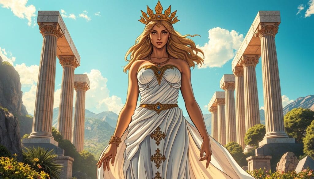 A magnificent, regal goddess stands in the center of the frame, her majestic presence commanding attention. Hera, the Queen of the Gods, adorned in a flowing white gown with intricate golden embroidery, her piercing eyes radiating an aura of power and wisdom. Surrounding her, the lush, verdant landscape of Mount Olympus, with towering marble columns and a clear, azure sky above. The lighting is warm and natural, casting a gentle glow on Hera's face and creating dramatic shadows that accentuate her statuesque features. The overall atmosphere is one of grandeur, grace, and the timeless beauty of Greek mythology.
