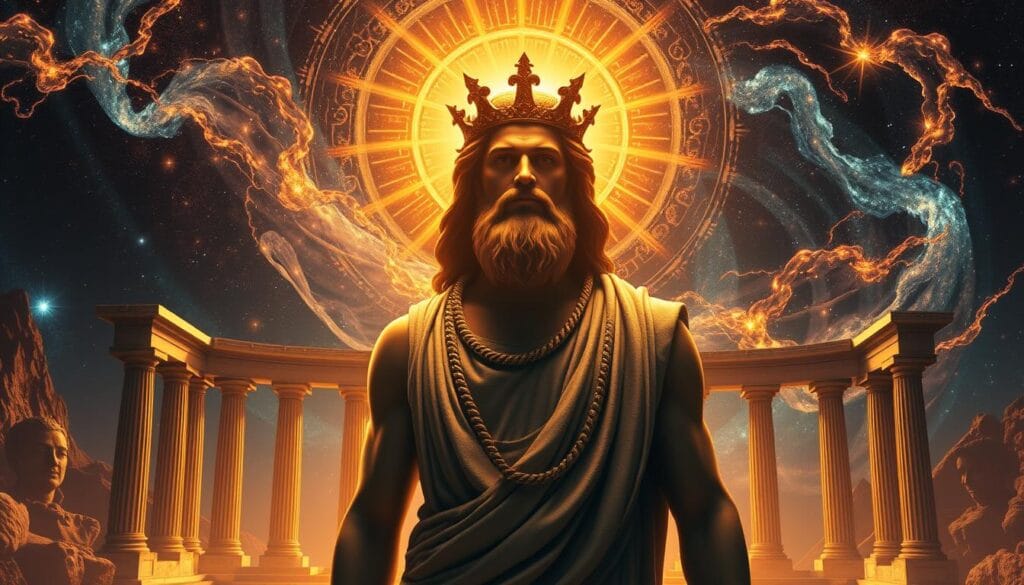 A majestic Apollo, god of light and music, stands in the foreground, his divine visage radiating an otherworldly glow. Behind him, swirling celestial patterns and shimmering nebulae form a captivating mythological backdrop, hinting at his celestial origins. In the middle ground, ancient Greek architectural elements, such as columns and archways, evoke the rich cultural heritage Apollo is intertwined with. Warm, golden lighting bathes the scene, creating a sense of reverence and awe. The composition is balanced and harmonious, reflecting the harmony and order Apollo represents. The overall atmosphere is one of mysticism, power, and the sublime grandeur of the divine.