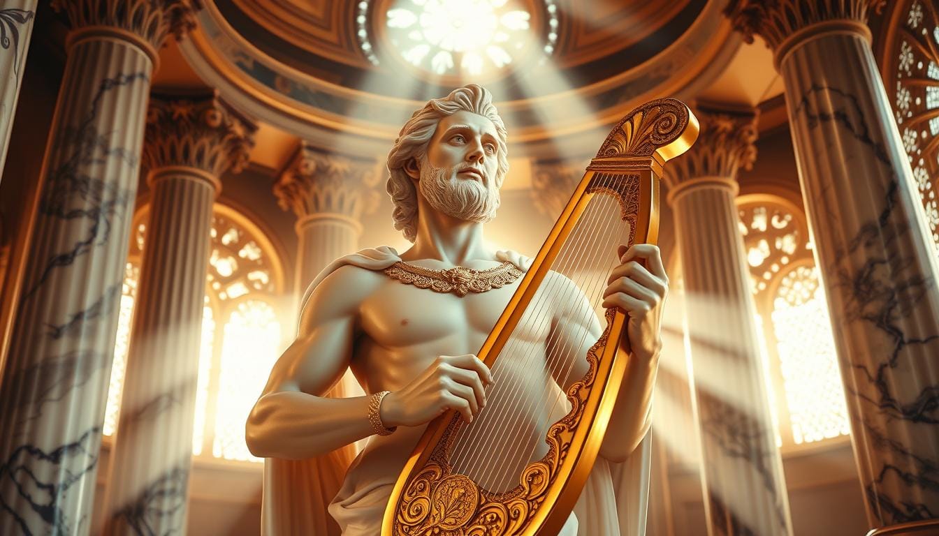 A majestic figure of Apollo, the Greek god of music, stands in a serene temple setting. He holds a gleaming golden lyre, its intricate carvings and strings reflecting the warm, soft lighting. The god's expression is one of contemplation, his gaze cast heavenward as if communing with the divine. The temple's marble columns and ornate architectural details create a harmonious backdrop, evoking the grandeur and reverence of ancient Greek culture. Rays of light filter through ornate windows, bathing the scene in a warm, ethereal glow. An air of sacred mysticism and artistic inspiration permeates the atmosphere, capturing the essence of Apollo's role as the patron of music and the arts.
