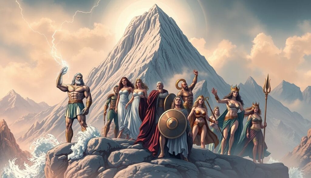 A majestic mountain reaches towards the heavens, its peaks shrouded in a hazy, ethereal mist. At its base, the magnificent Olympian deities gather, their divine forms radiating power and grace. Zeus, ruler of the gods, stands tall and commanding, lightning crackling at his fingertips. Beside him, Hera, the regal queen of the pantheon, exudes an aura of regal authority. Poseidon, lord of the seas, raises his trident, the waves crashing against the rocky cliffs. Athena, the goddess of wisdom and war, holds her shield and spear, her expression one of resolute determination. Throughout the scene, the other Olympians - Aphrodite, Ares, Hermes, and more - mingle, their interactions and relationships captured in a captivating display of divine power and mythology.