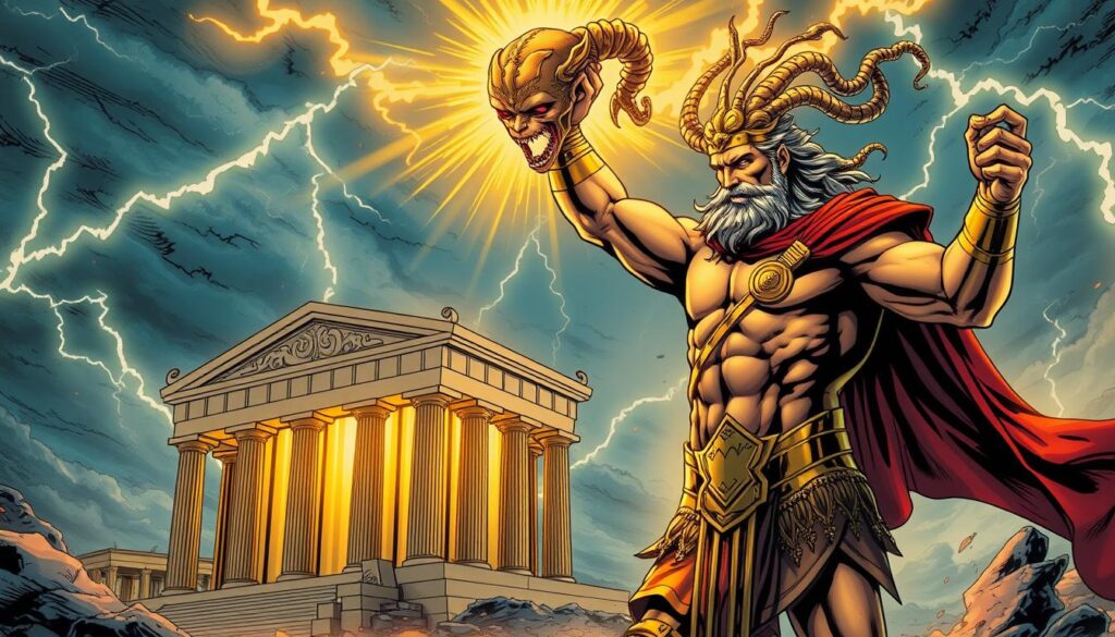 A mighty warrior, Perseus, stands triumphant, his divine powers radiating an ethereal glow. In the foreground, he wields the severed head of Medusa, its serpentine locks writhing with a supernatural energy. Gilded armor and a crimson cape adorn his muscular frame, a testament to his heroic stature. The middle ground depicts a majestic Greek temple, its columns and pediments bathed in a warm, golden light, symbolizing the divine favor bestowed upon Perseus. In the distant background, a stormy sky roils with the power of the gods, thunderbolts crackling across the horizon, further emphasizing the epic nature of this scene. The overall atmosphere is one of awe-inspiring grandeur, capturing the heroic tale of Perseus and his victory over the fearsome Gorgon.