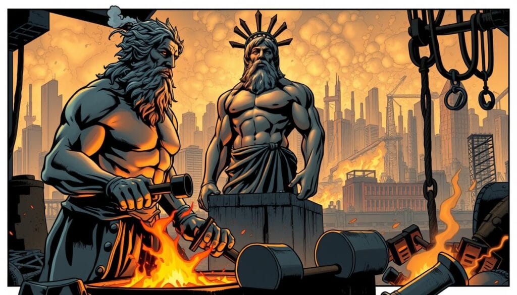 A modern mythological scene depicting the legacy of Hephaestus, the Greek god of fire and craftsmanship. In the foreground, a blacksmith's forge with glowing embers and hammers forging intricate metalwork. In the middle ground, a towering statue of Hephaestus overseeing the work, his muscular frame and weathered face carved from bronze. In the background, a cityscape of skyscrapers and factories, symbolizing Hephaestus' influence on modern industry and technology. The scene is illuminated by a warm, golden light, casting dramatic shadows and highlighting the skilled craftsmanship. The overall atmosphere evokes a sense of timeless artistry and the enduring power of the ancient Greek myths.