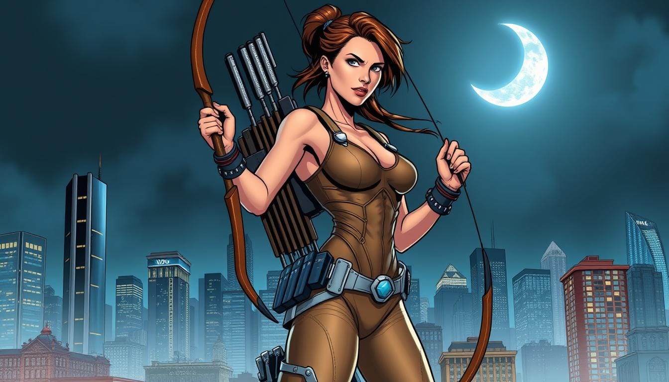 A modern representation of the goddess Artemis, goddess of the hunt and the moon, standing tall in a cityscape. In the foreground, Artemis is depicted as a strong, confident woman with a sleek, athletic build, clad in a contemporary yet functional outfit - a form-fitting bodysuit in earthy tones, accented with silver hardware. Her hair is swept back, and she holds a high-tech bow in one hand, ready to take aim. In the middle ground, the bustling city skyline rises up, a mix of gleaming skyscrapers and historic architecture bathed in a cool, moonlit glow. In the background, the crescent moon hangs low in the night sky, casting a silvery light over the scene, evoking Artemis' divine connection to the lunar cycle. The overall mood is one of power, purpose, and a seamless blending of ancient mythology and modern sensibilities.