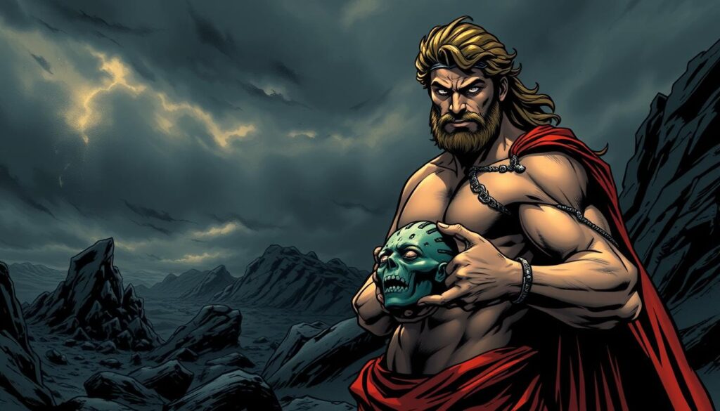 A muscular, heroic figure stands tall, his gaze focused and determined. Perseus, the mythological hero, clutches the severed head of Medusa, the gorgon whose petrifying gaze could turn any who looked upon her to stone. The hero's expression is one of triumph, his body illuminated by a dramatic chiaroscuro lighting that casts deep shadows, heightening the drama and intensity of the scene. In the middle ground, a glimpse of the treacherous landscape he has traversed, with rocky outcroppings and a stormy sky, sets the stage for his epic quest. A sense of power, courage, and the triumph of good over evil emanates from this striking portrait of the legendary Perseus.