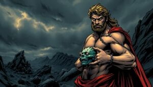 A muscular, heroic figure stands tall, his gaze focused and determined. Perseus, the mythological hero, clutches the severed head of Medusa, the gorgon whose petrifying gaze could turn any who looked upon her to stone. The hero's expression is one of triumph, his body illuminated by a dramatic chiaroscuro lighting that casts deep shadows, heightening the drama and intensity of the scene. In the middle ground, a glimpse of the treacherous landscape he has traversed, with rocky outcroppings and a stormy sky, sets the stage for his epic quest. A sense of power, courage, and the triumph of good over evil emanates from this striking portrait of the legendary Perseus.