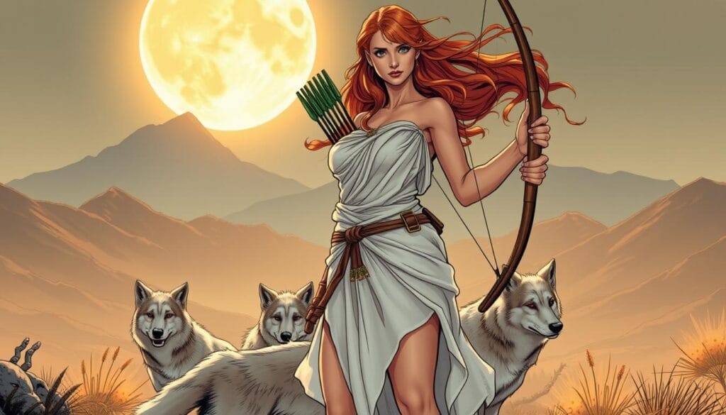A powerful female figure stands tall in the foreground, her gaze focused and determined. She is Artemis, the Greek goddess of the hunt, wilderness, and the moon. Clad in a flowing white chiton, she holds a bow and arrow, ready to take down her prey. Her long auburn hair flows freely, embodying her fierce independence and connection to nature. In the middle ground, a pack of wolves flank her, loyal companions on her solitary hunts. Distant mountains rise in the background, hinting at the vast, untamed wilderness Artemis so reveres. Soft, warm lighting bathes the scene, evoking a sense of timelessness and the sacred. The overall atmosphere radiates the strength, grace, and unyielding spirit of this legendary female archetype.