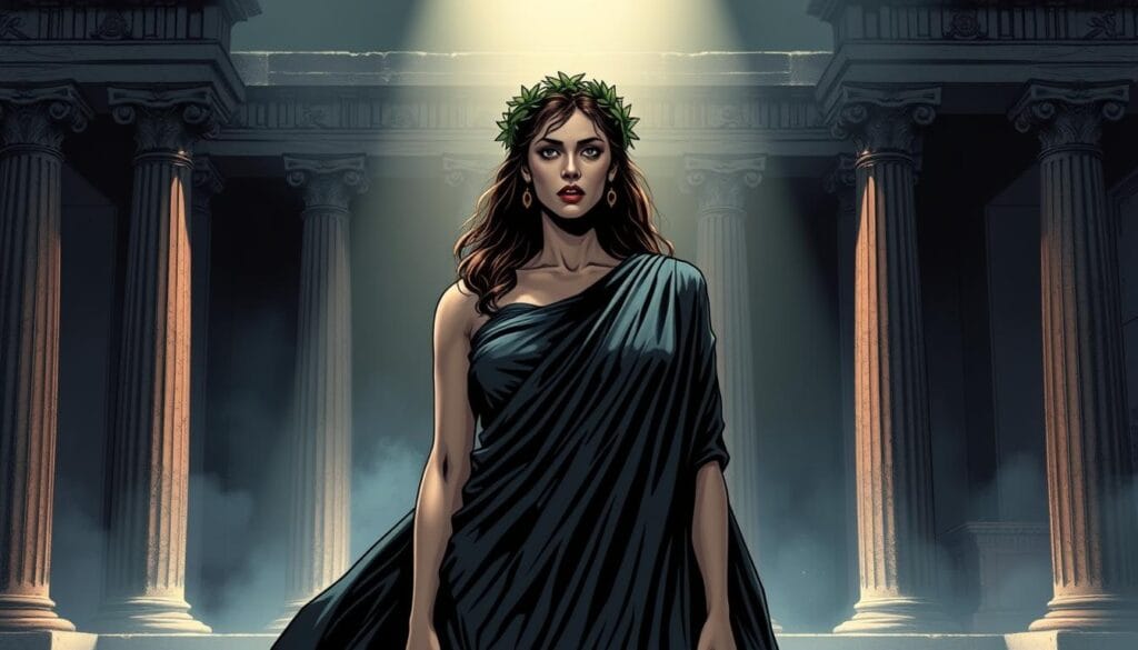 A regal woman with a solemn, tragic expression stands in the center, draped in a flowing, dark gown. Her head is adorned with a laurel wreath, symbolizing her status as the Greek muse of tragedy, Melpomene. Dramatic lighting casts dramatic shadows, creating a moody, melancholic atmosphere. The background features a classical Grecian temple, its columns and architecture hinting at the ancient, mythological setting. The overall composition conveys a sense of weight, solemnity, and the power of the dramatic arts that Melpomene presides over.