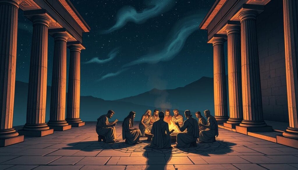 A serene, dimly lit ancient Greek temple, its columns casting long shadows across the worn marble floor. In the center, a large open-air courtyard, where a group of scholars in togas gather around a fire, engaged in lively discussion. Flickering flames illuminate their faces as they pore over ancient scrolls, gesticulating passionately while recounting tales of gods and heroes. The background is a starry night sky, hazy with the wisps of clouds, evoking a sense of timelessness and wonder. Soft, warm lighting bathes the scene, creating an atmosphere of contemplation and reverence for the rich tapestry of Greek mythology.