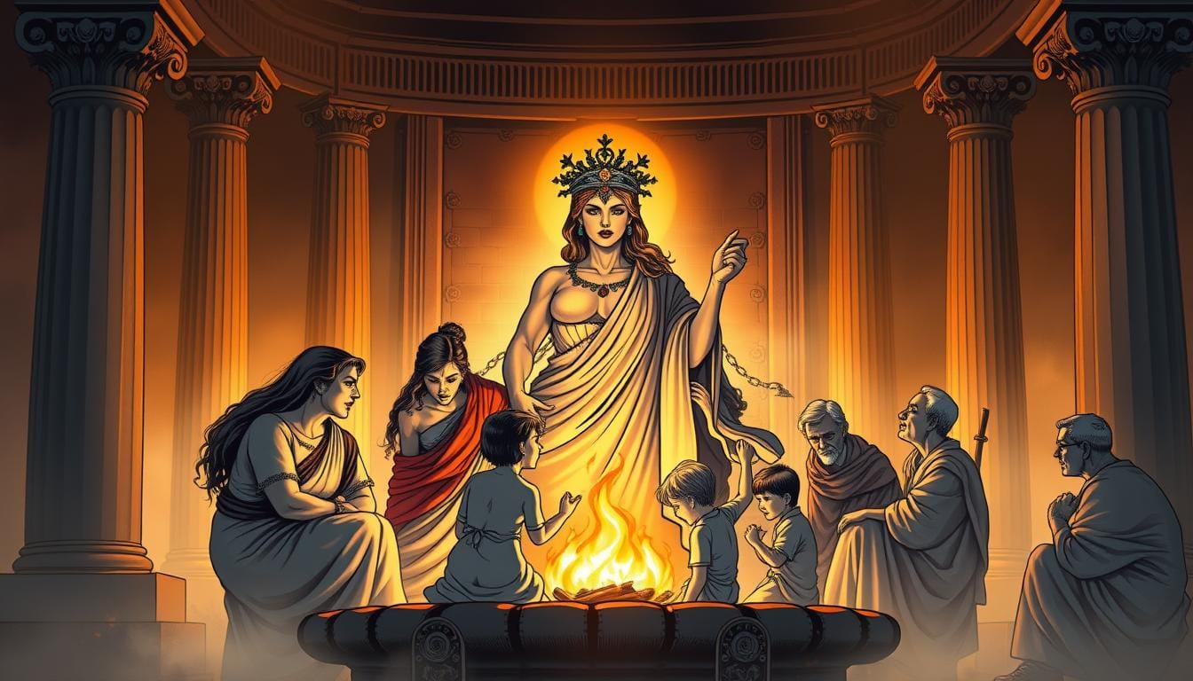 A serene hearth surrounded by the warmth of family, illuminated by a soft, golden glow. At the center, the majestic figure of Hestia, Greek goddess of the home, clad in flowing robes and crowned with a laurel wreath. Her benevolent gaze radiates a sense of protection and nurturing, as she presides over a gathering of loved ones - parents, children, and grandparents - engaged in various domestic activities. The background depicts the classic Greek architectural elements, columns, and ornate details, evoking the timeless essence of the Hellenic pantheon. Atmospheric lighting and a subdued color palette create a contemplative, reverent atmosphere, highlighting Hestia's role as the guardian of the family and the sacred hearth.