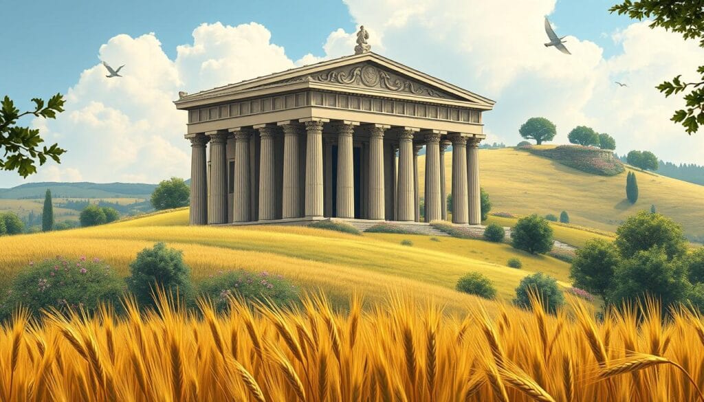 A serene landscape featuring a grand temple of Demeter, the Greek goddess of harvest and the seasons. In the foreground, a lush field of golden wheat sways gently in the soft, natural lighting. In the middle ground, the temple's elegant columns and intricate carvings stand proudly, reflecting the rich cultural influence of Demeter's worship. In the background, a rolling hillside is adorned with vibrant flowers and verdant trees, creating a harmonious, pastoral scene. The overall atmosphere conveys a sense of tranquility, abundance, and reverence for the natural world - a testament to Demeter's enduring legacy.