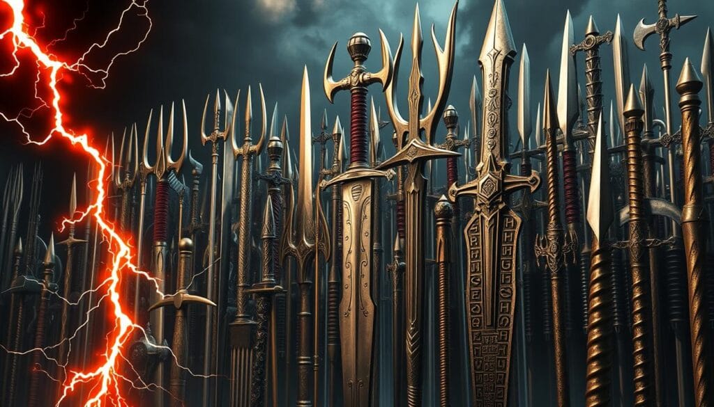 A sprawling display of legendary weapons from ancient myths and legends, reimagined for modern entertainment. In the foreground, the iconic lightning bolt of Zeus, a crackling orb of electric power. Beside it, the trident of Poseidon, its three prongs gleaming with a watery sheen. In the middle ground, the sword of Excalibur, its blade etched with runes and sigils. In the background, a pantheon of other legendary arms - spears, maces, and swords - all rendered in a stunning photorealistic style. Dramatic lighting casts dramatic shadows, heightening the sense of power and mystique. The overall atmosphere is one of awe and reverence, a testament to the enduring appeal of these mythic armaments.