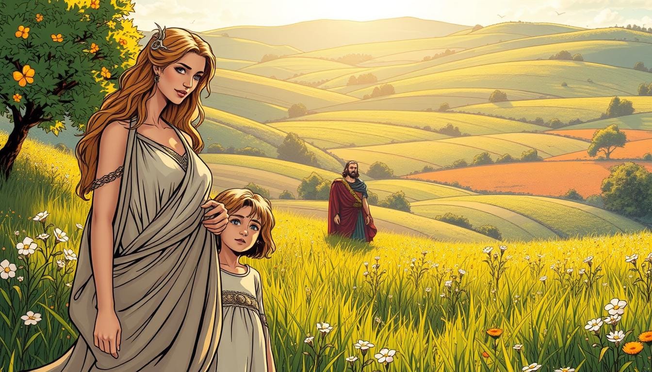 A sun-dappled meadow, verdant and alive with the energy of the earth goddess Demeter. In the foreground, Demeter herself stands, her serene face and flowing robes radiating maternal warmth. Beside her, the young Persephone, her daughter, gazes up adoringly, their bond palpable. In the middle ground, Hades, lord of the underworld, approaches with reverence, seeking Demeter's favor. In the background, the vibrant fields and rolling hills convey the bountiful cycle of the seasons, a testament to the goddess's power. Soft, golden light filters through the scene, imbuing it with a sense of timeless, mythic splendor.