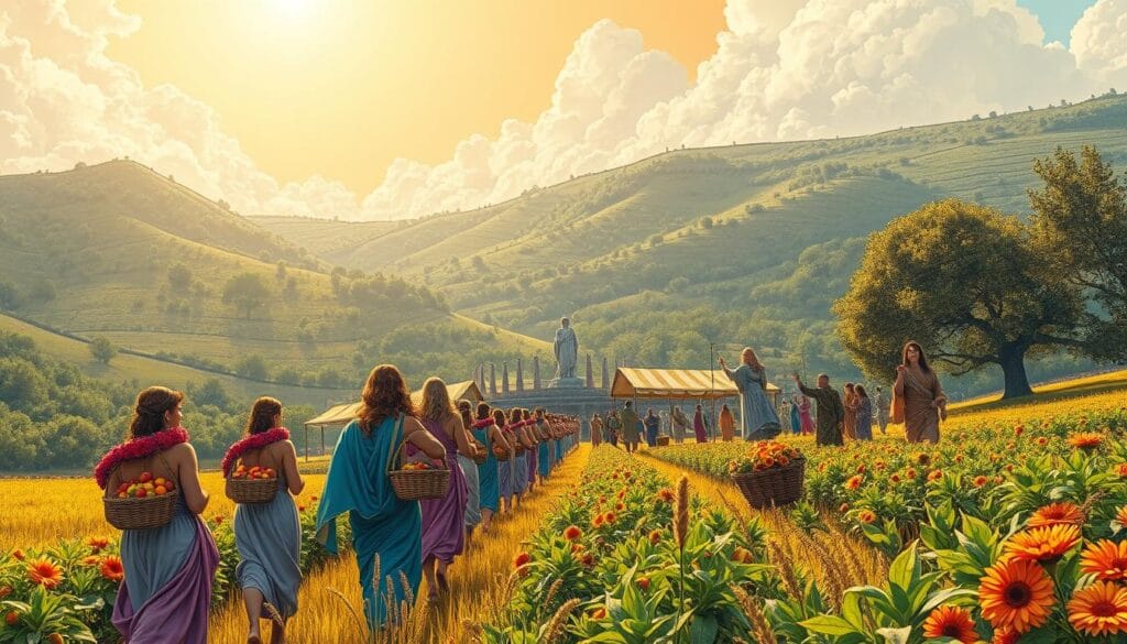 A sun-drenched agricultural field, adorned with vibrant wreaths of flowers and lush crops. In the foreground, a procession of women in flowing robes carry baskets overflowing with ripe fruits and grains, celebrating the return of Persephone from the underworld. Wispy clouds drift overhead, casting a soft, ethereal glow over the scene. In the middle ground, a majestic statue of Persephone stands tall, surrounded by worshippers offering libations and performing ritual dances. The background is framed by a lush, verdant landscape, with rolling hills and groves of olive trees. The overall atmosphere exudes a sense of reverence, renewal, and the bountiful cycle of nature.