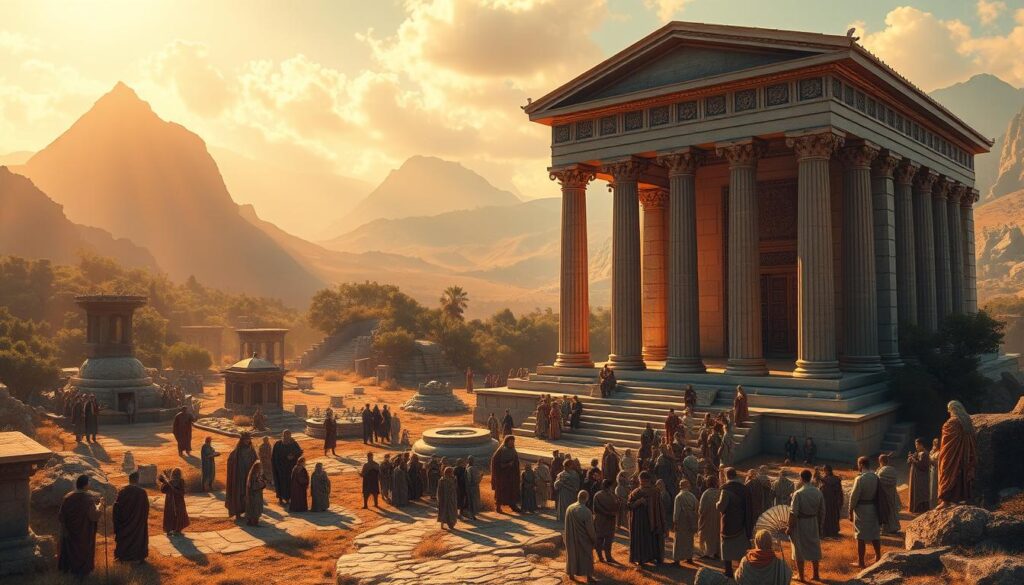 A sweeping, majestic scene of ancient worship sites dedicated to the heroic figure of Perseus. In the foreground, a grand temple stands, its imposing columns and intricate carvings bathed in warm, golden sunlight. Worshippers gather before the temple's entrance, offering prayers and tributes. In the middle ground, smaller shrines and altars dot the landscape, surrounded by lush foliage and towering mountains in the distance. The atmosphere is one of reverence and timelessness, as if the very air carries the weight of centuries-old devotion. The scene is captured through a wide-angle lens, highlighting the scale and grandeur of these sacred sites. Dramatic lighting casts long shadows, adding depth and drama to the composition.