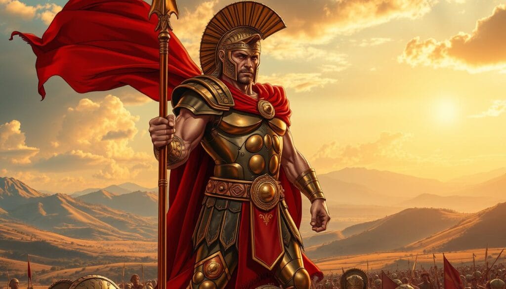 A towering figure of ancient Greek mythology, the war deity Ares stands resolute, his bronzed armor gleaming in the afternoon sun. Wielding a massive spear, he surveys the battlefield with a fierce, unwavering gaze, his crimson cloak billowing dramatically behind him. The background is a sweeping landscape of rolling hills and distant mountains, bathed in warm, golden light that casts dramatic shadows across the scene. Ares' expression is one of determination and unbridled power, conveying his role as the god of war and protector of the battlefield. The overall mood is one of awe-inspiring grandeur, capturing the essence of Ares' mythological significance and his pivotal place in Greek mythology.