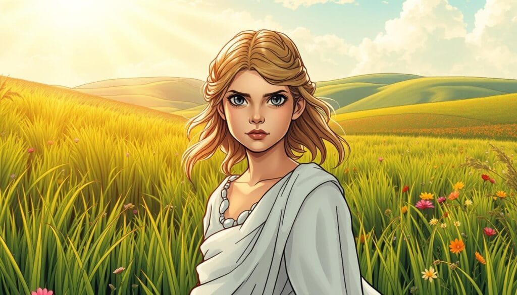 A young Persephone, the daughter of the mighty goddess Demeter, stands in a lush, verdant field. Sunlight filters through the swaying grasses, casting a warm, golden glow upon her delicate features. Her face radiates a sense of innocence and wonder, her eyes shining with the boundless curiosity of youth. Persephone's flowing white robes billow gently in the breeze, accentuating her graceful movements. In the background, the rolling hills and vibrant flowers of the Elysian Fields create a picturesque setting, hinting at the tranquility and beauty of the underworld realm where she will one day reign as queen. The scene captures the essence of Persephone's role as a bridge between the earthly and divine realms, a testament to the enduring power of Greek mythology.