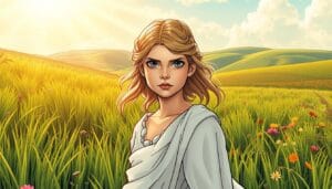 A-young-Persephone-the-daughter-of-the-mighty-goddess-Demeter-stands-in-a-lush-verdant - Stay in Corfu Greece A young Persephone, the daughter of the mighty goddess Demeter, stands in a lush, verdant field. Sunlight filters through the swaying grasses, casting a warm, golden glow upon her delicate features. Her face radiates a sense of innocence and wonder, her eyes shining with the boundless curiosity of youth. Persephone's flowing white robes billow gently in the breeze, accentuating her graceful movements. In the background, the rolling hills and vibrant flowers of the Elysian Fields create a picturesque setting, hinting at the tranquility and beauty of the underworld realm where she will one day reign as queen. The scene captures the essence of Persephone's role as a bridge between the earthly and divine realms, a testament to the enduring power of Greek mythology.