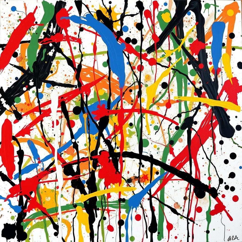 Abstract expressionist painting showing chaotic brushstrokes and patterns