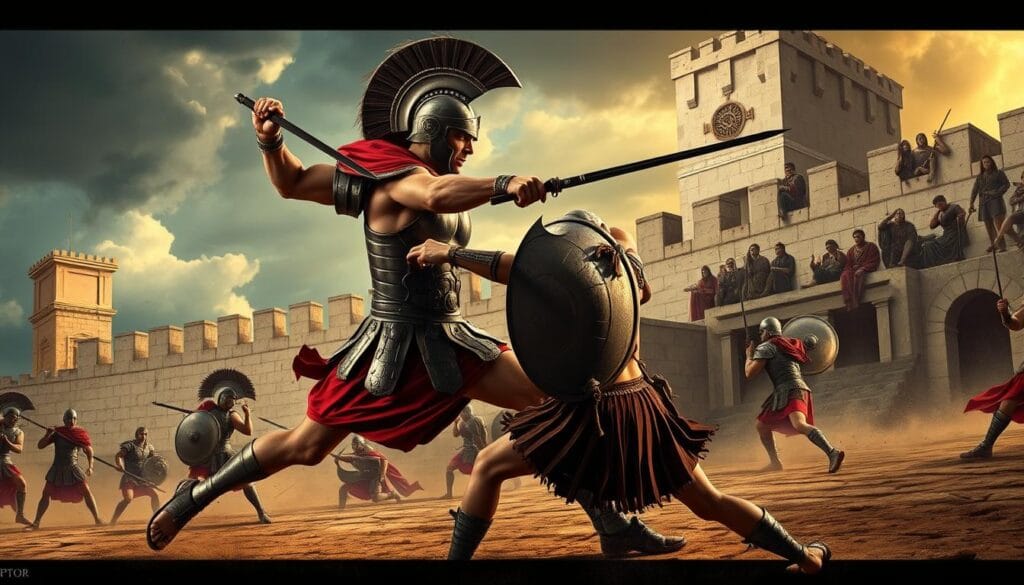 Achilles The Invincible Warrior fighting Hector outside the walls of Troy in their legendary duel