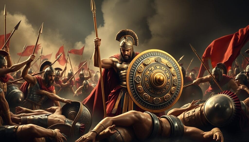 Achilles The Invincible Warrior in battle stance with spear and shield, surrounded by fallen enemies on the Trojan battlefield