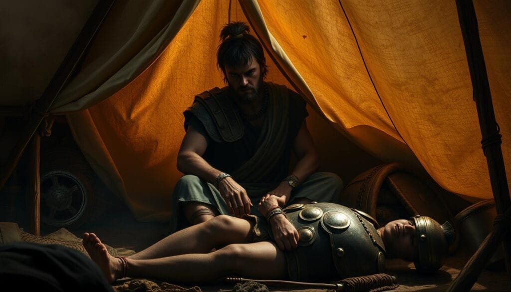 Achilles in his tent refusing to fight after his quarrel with Agamemnon, showing his famous wrath