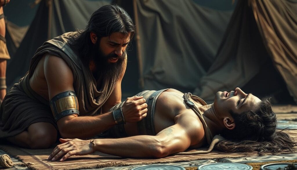 Achilles mourning over the body of his fallen friend Patroclus, showing his deep grief