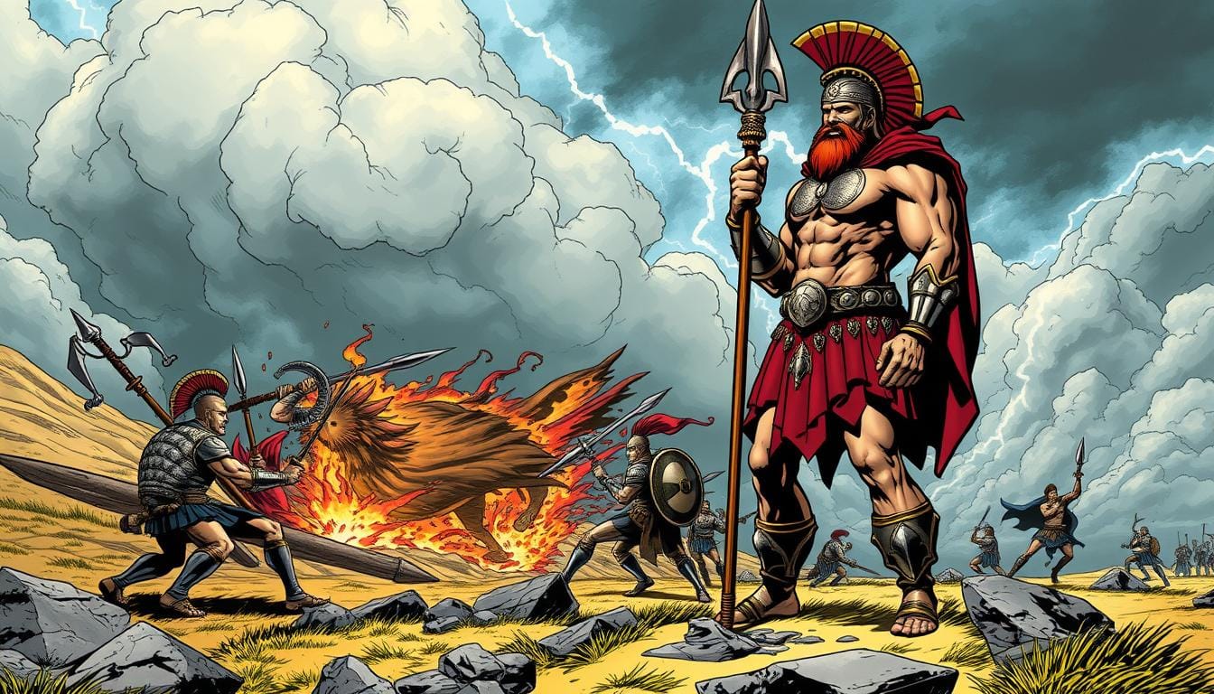 An artistic depiction of Ares, the Greek god of war, set against a dramatic landscape. In the foreground, a powerful, muscular figure of Ares stands tall, adorned in ornate armor and wielding a sharp spear. The mid-ground features a swirling battle scene, with clashing weapons and armored figures engaged in combat. In the background, a stormy sky with ominous clouds and flashes of lightning creates a sense of foreboding and intensity. The overall composition conveys the might, ferocity, and unrelenting nature of Ares, as he has been portrayed in literature and art throughout history.