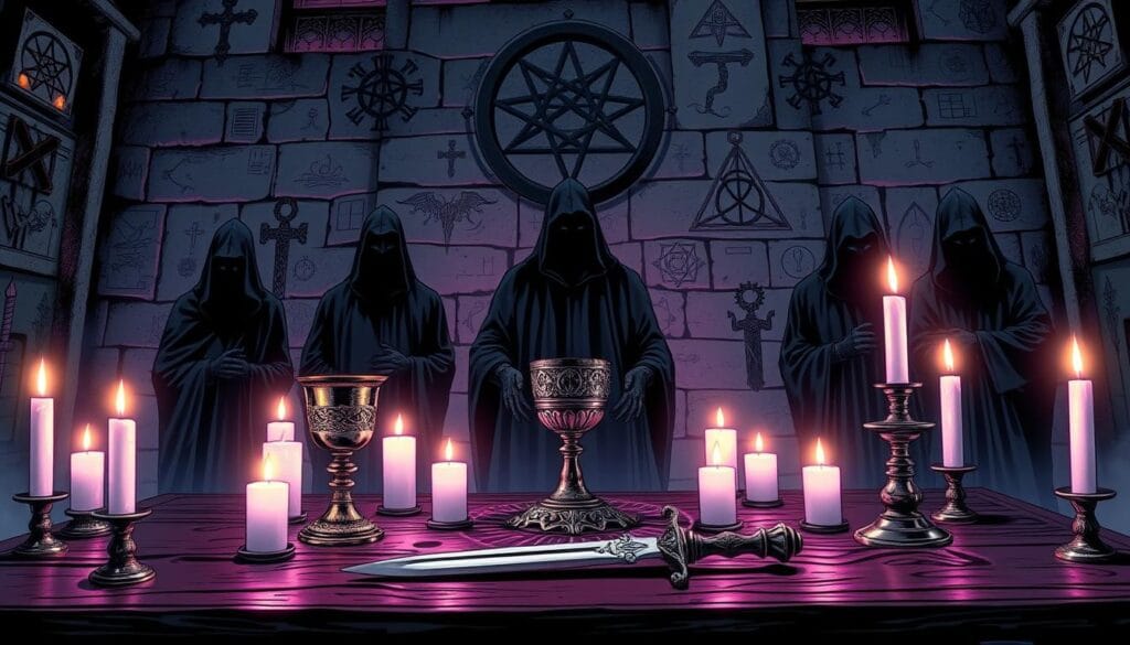 An eerie, candlelit altar dedicated to the Greek goddess Hecate, the powerful patron of magic, witchcraft, and the supernatural. In the foreground, a ornate chalice, an iron-wrought candelabra, and a ceremonial dagger rest upon a dark, wooden table. Surrounding the altar are glowing, purple-hued candles, casting a mystical, ethereal light. In the middle ground, shadowy, hooded figures stand in reverence, their faces obscured. In the background, a stark, stone wall is decorated with arcane symbols and ancient, pagan iconography, creating an atmosphere of deep, otherworldly mystery.