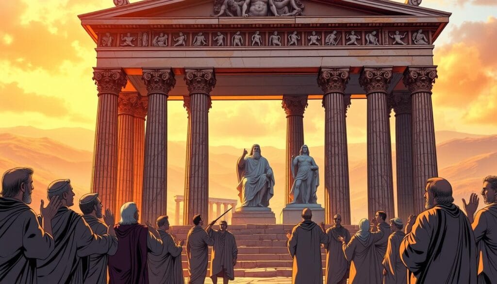 An ornate ancient Greek temple, its marble columns and pediments adorned with intricate carvings of mythological figures. The foreground depicts a group of philosophers, deep in contemplation, their robes flowing as they gesticulate animatedly. The middle ground showcases a pantheon of deities - Zeus, Athena, Poseidon - their larger-than-life statues gazing down upon the scholars. The background is a hazy, dreamlike landscape, with rolling hills and a vibrant, golden-hued sky. Warm, dramatic lighting casts dramatic shadows, evoking a sense of reverence and timelessness. The entire scene suggests a profound connection between the realms of philosophy and mythology, a tapestry of ideas and beliefs that defined the ancient Greek worldview.