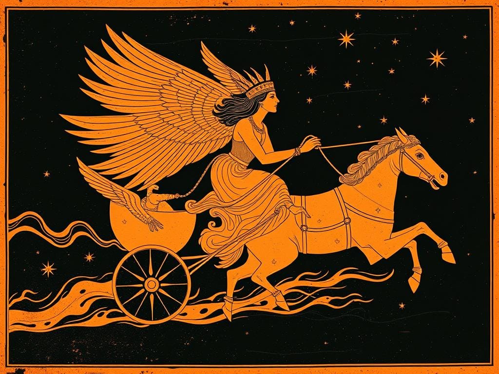 Ancient Greek artwork depicting Nyx as a winged goddess driving her chariot across the night sky