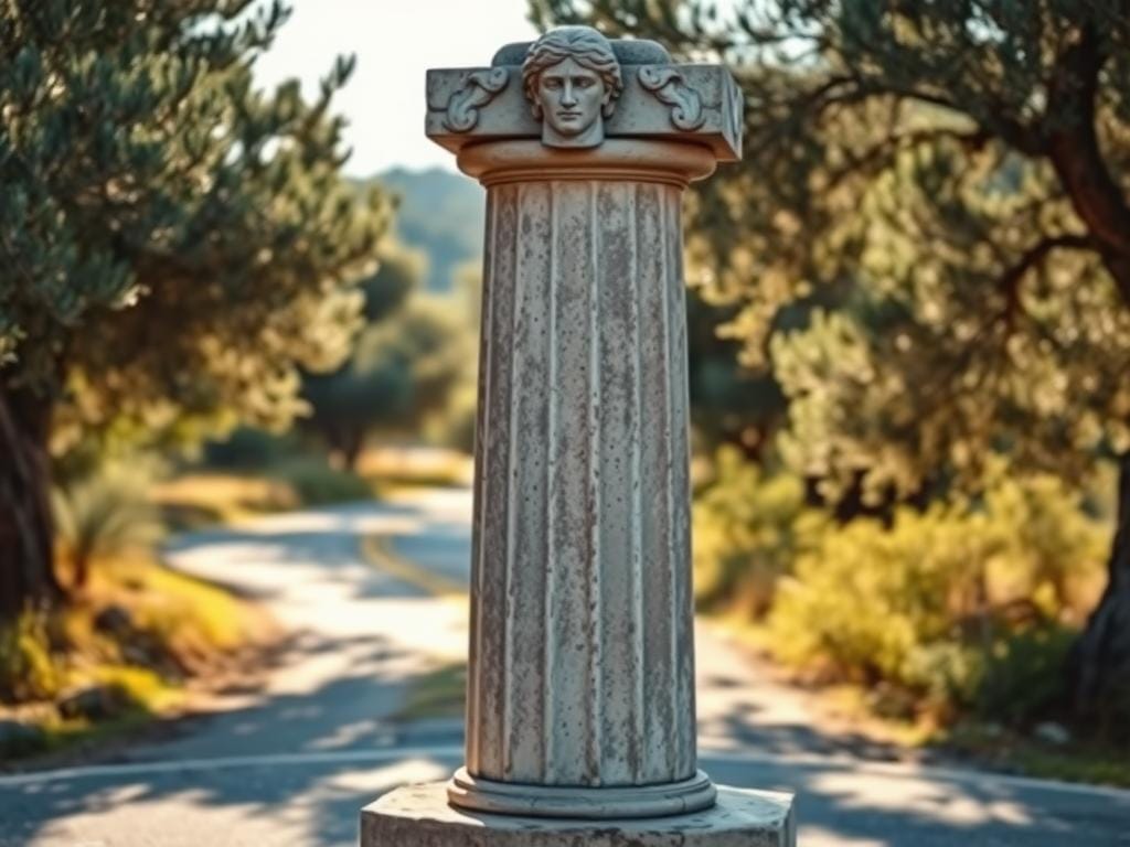 Ancient Greek herma pillar with bust of Hermes at a crossroads