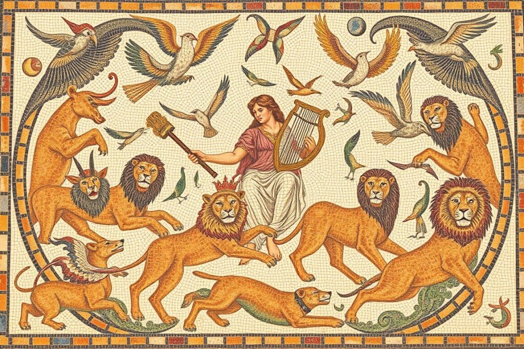 Ancient Greek mosaic depicting Orpheus charming animals with his music