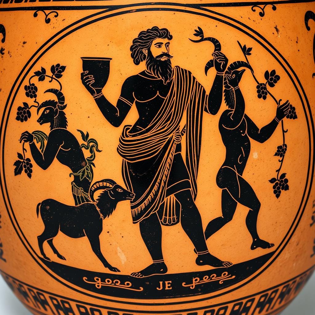Ancient Greek pottery depicting Dionysus God of Wine Ecstasy Theatre with grapevines