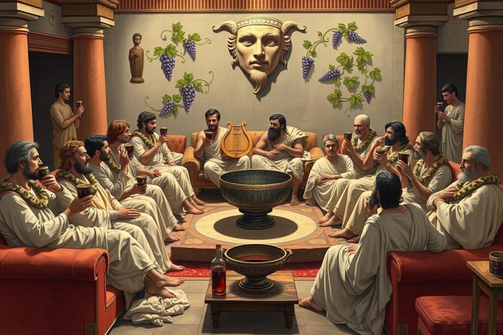 Ancient Greek symposium with wine rituals honoring Dionysus God of Wine Ecstasy Theatre