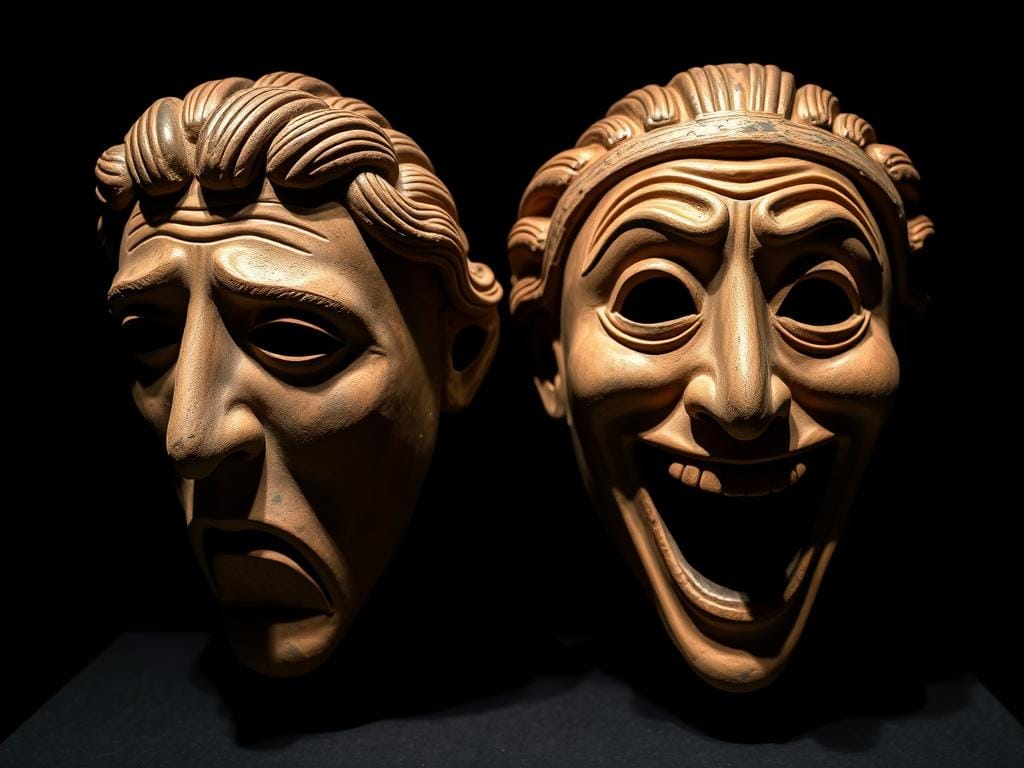 Ancient Greek theatre masks representing tragedy and comedy, sacred to Dionysus God of Wine Ecstasy Theatre