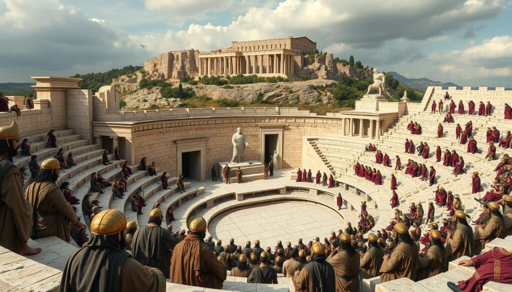 Ancient Greek theatre performance at the Theatre of Dionysus in Athens, showing the connection between Dionysus God of Wine Ecstasy Theatre and dramatic arts